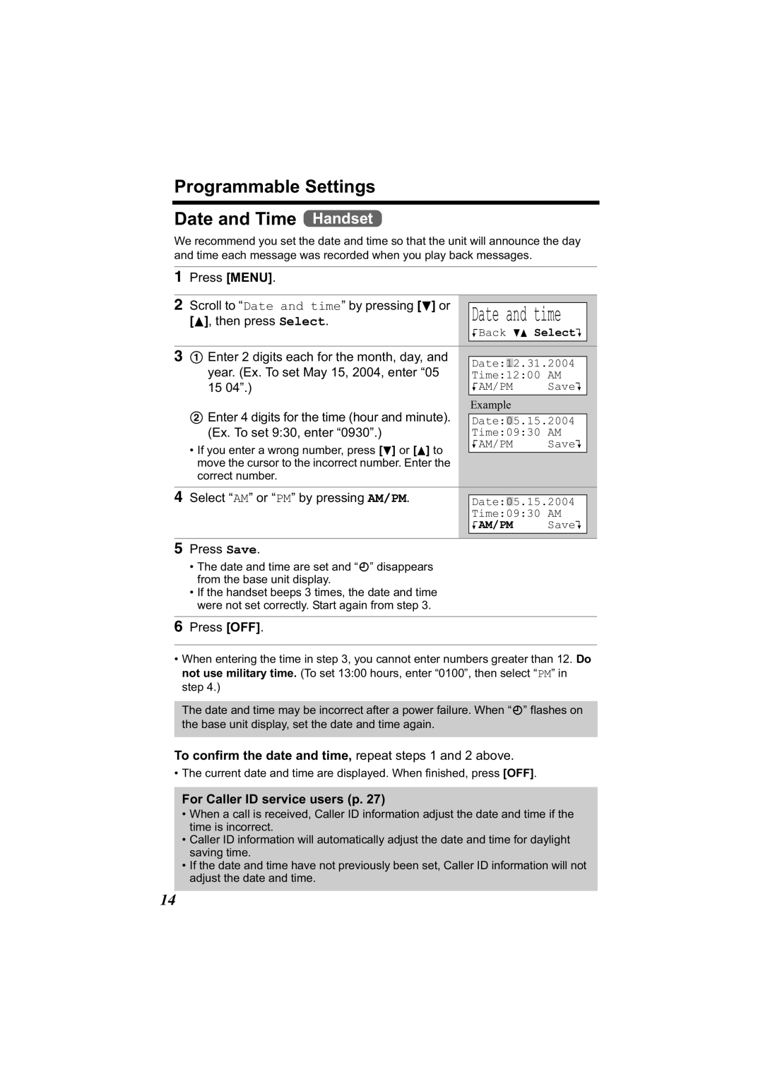 Panasonic KX-TG2344 Programmable Settings Date and Time Handset, To confirm the date and time, repeat steps 1 and 2 above 