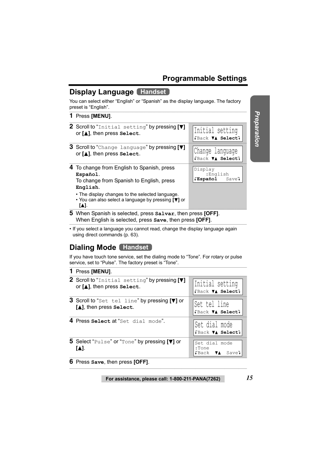 Panasonic KX-TG2344 manual Programmable Settings Display Language Handset, Dialing Mode Handset 