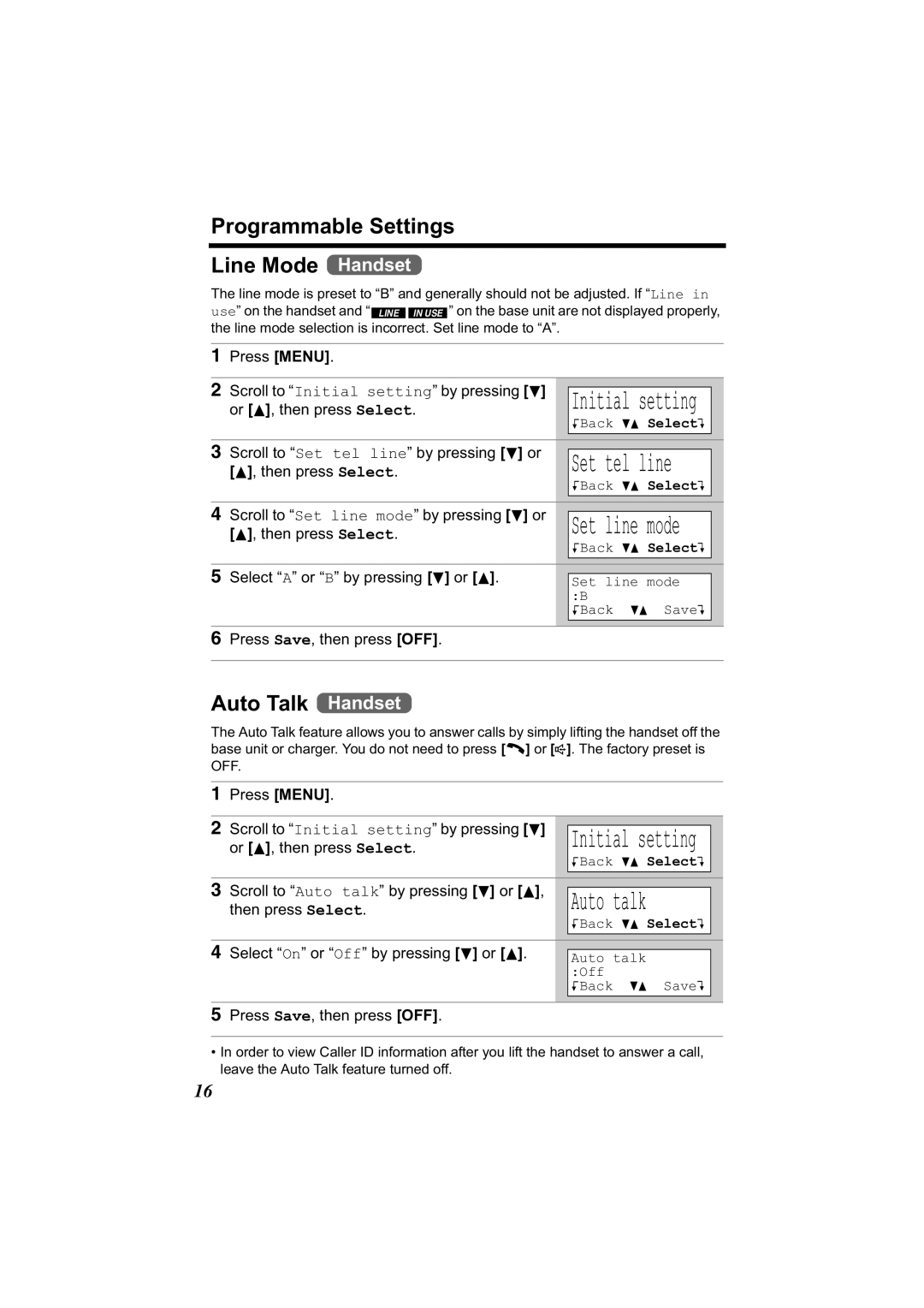 Panasonic KX-TG2344 manual Programmable Settings Line Mode Handset, Auto Talk Handset 