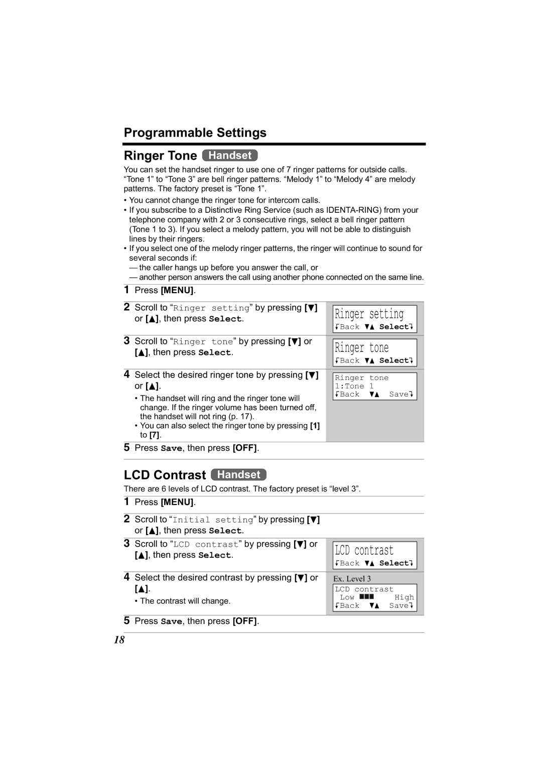 Panasonic KX-TG2344 manual Programmable Settings Ringer Tone Handset, LCD Contrast Handset 