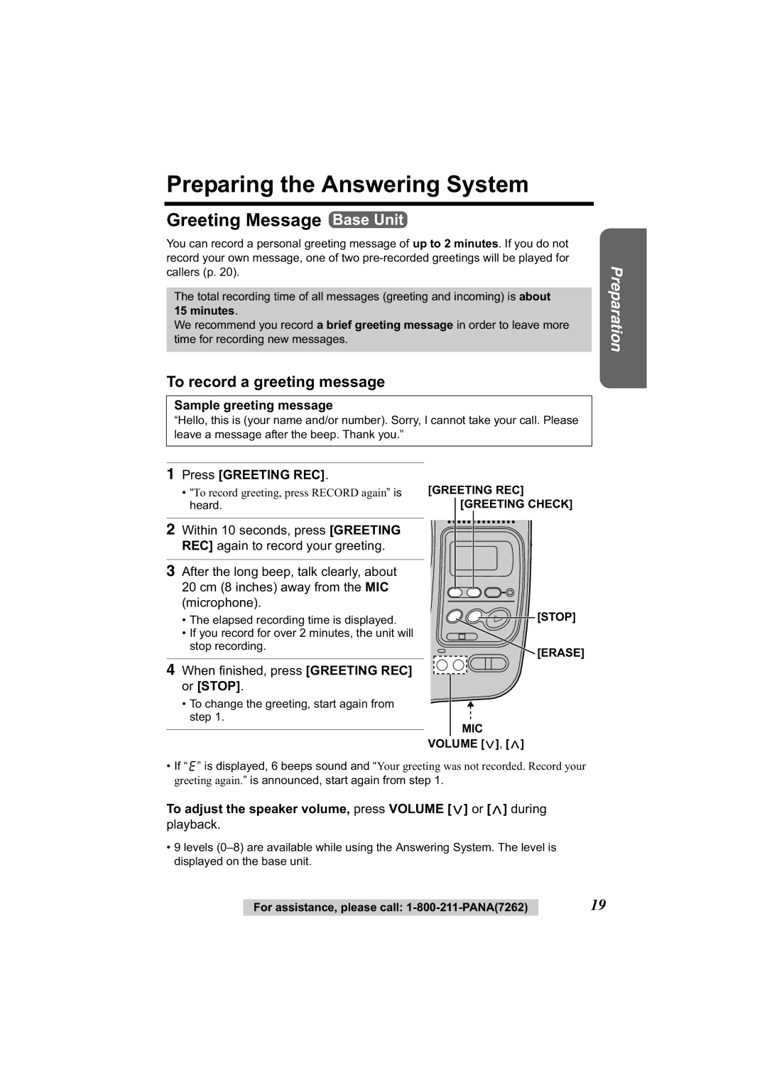 Panasonic KX-TG2344 manual Preparing the Answering System, Greeting Message Base Unit, To record a greeting message 