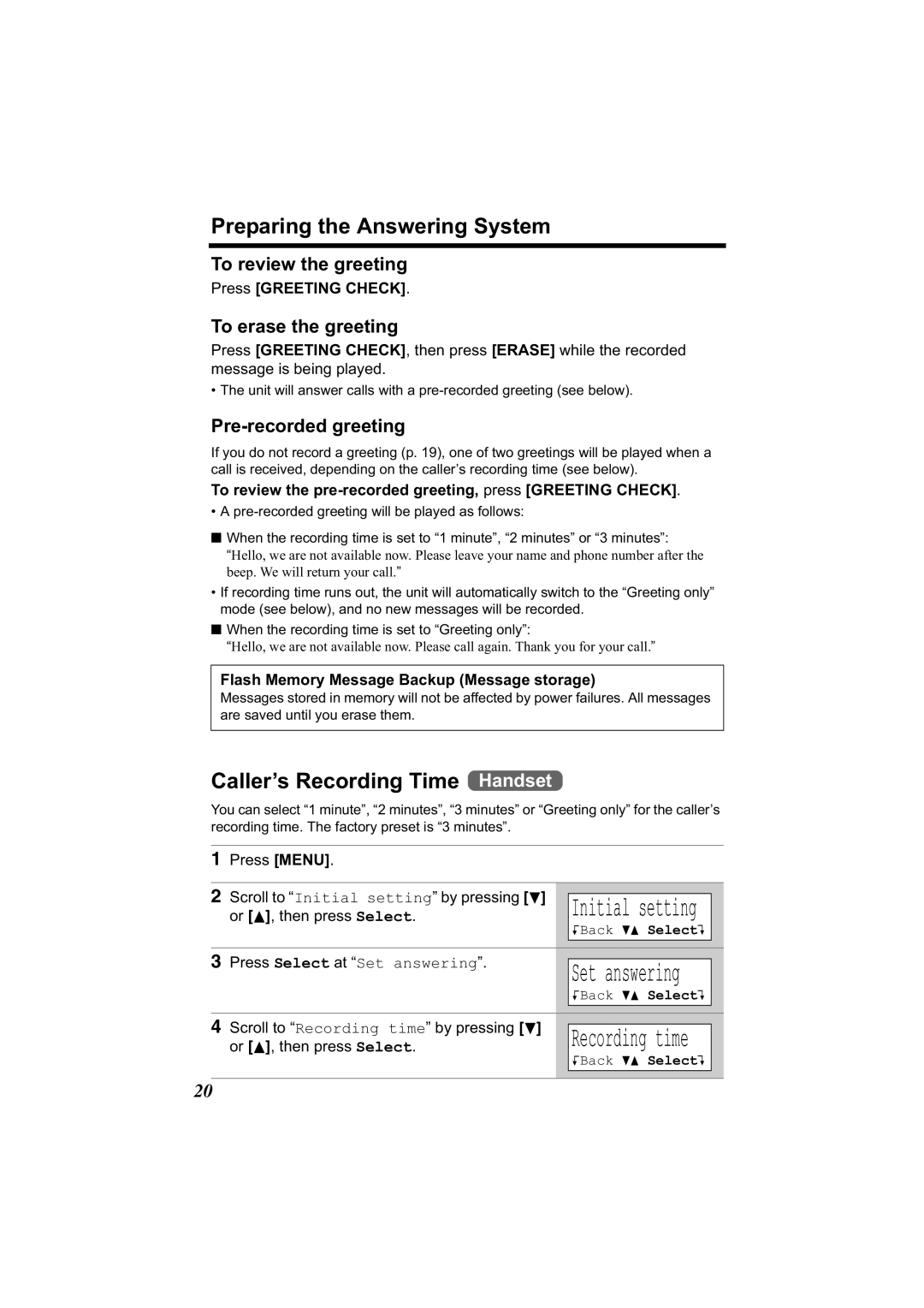 Panasonic KX-TG2344 manual Preparing the Answering System, Caller’s Recording Time Handset, To review the greeting 
