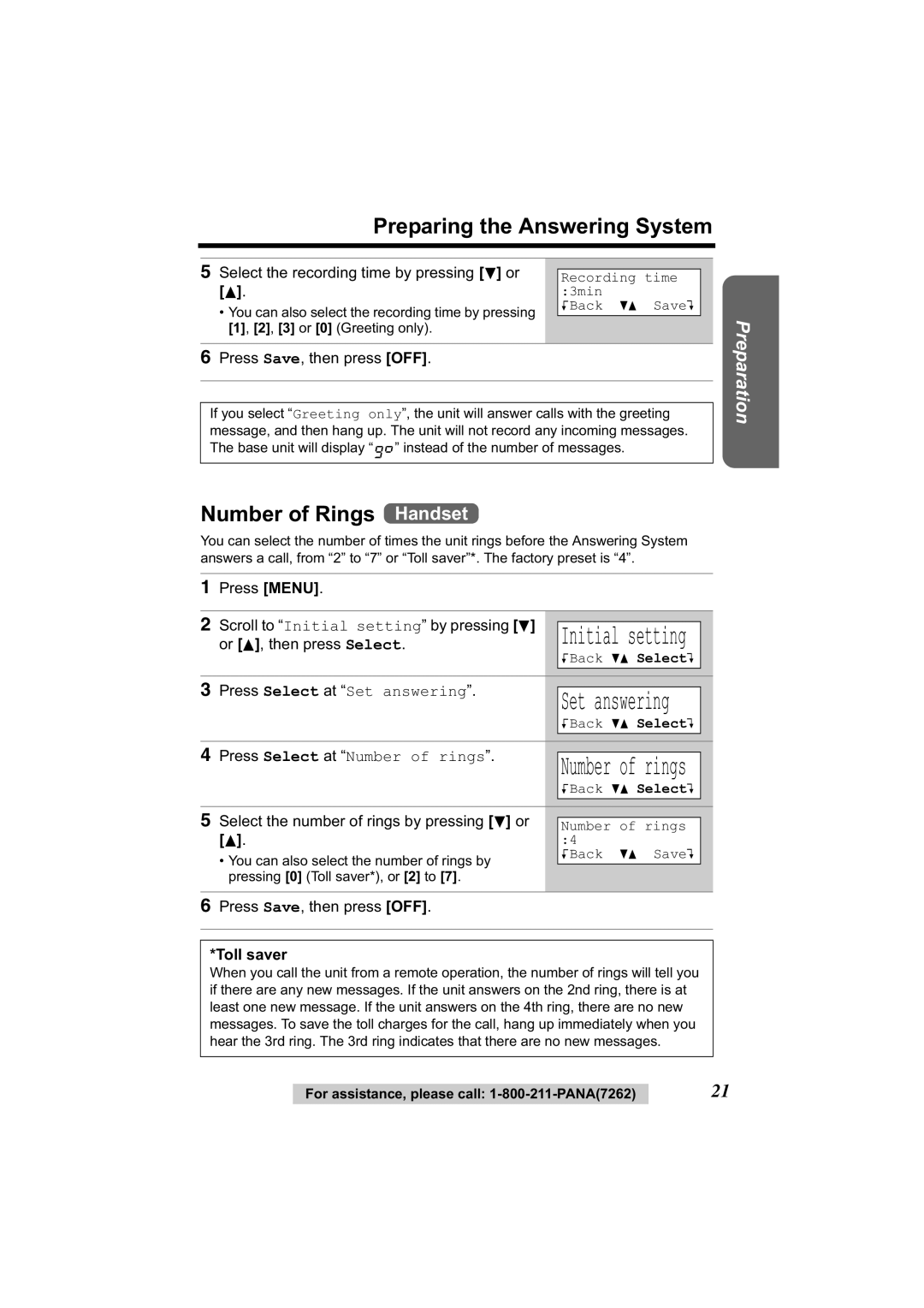 Panasonic KX-TG2344 manual Number of Rings Handset, Select the recording time by pressing d or, Toll saver 