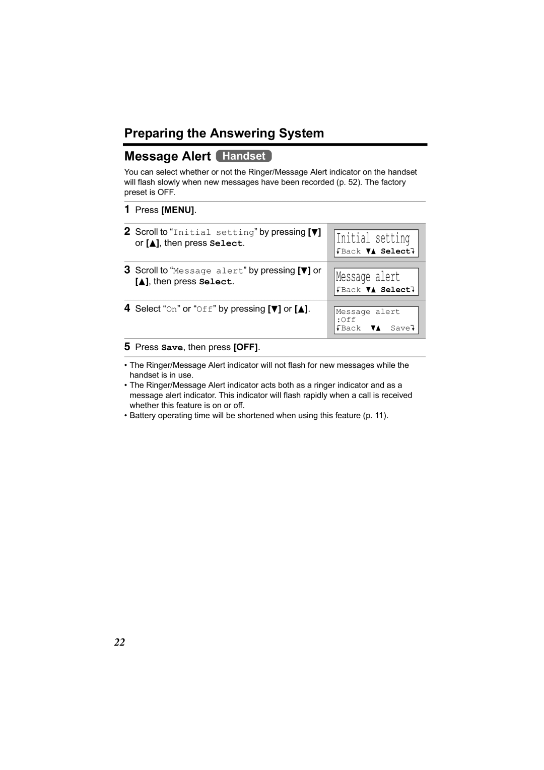 Panasonic KX-TG2344 manual Preparing the Answering System Message Alert Handset, Scroll to Message alert by pressing d or 