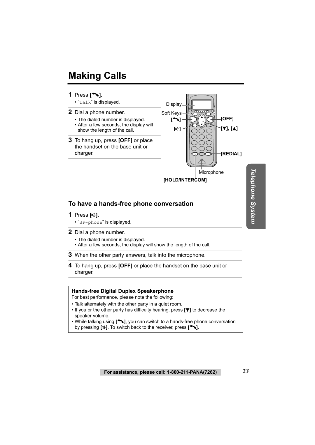 Panasonic KX-TG2344 manual Making Calls, To have a hands-free phone conversation, Hands-free Digital Duplex Speakerphone 