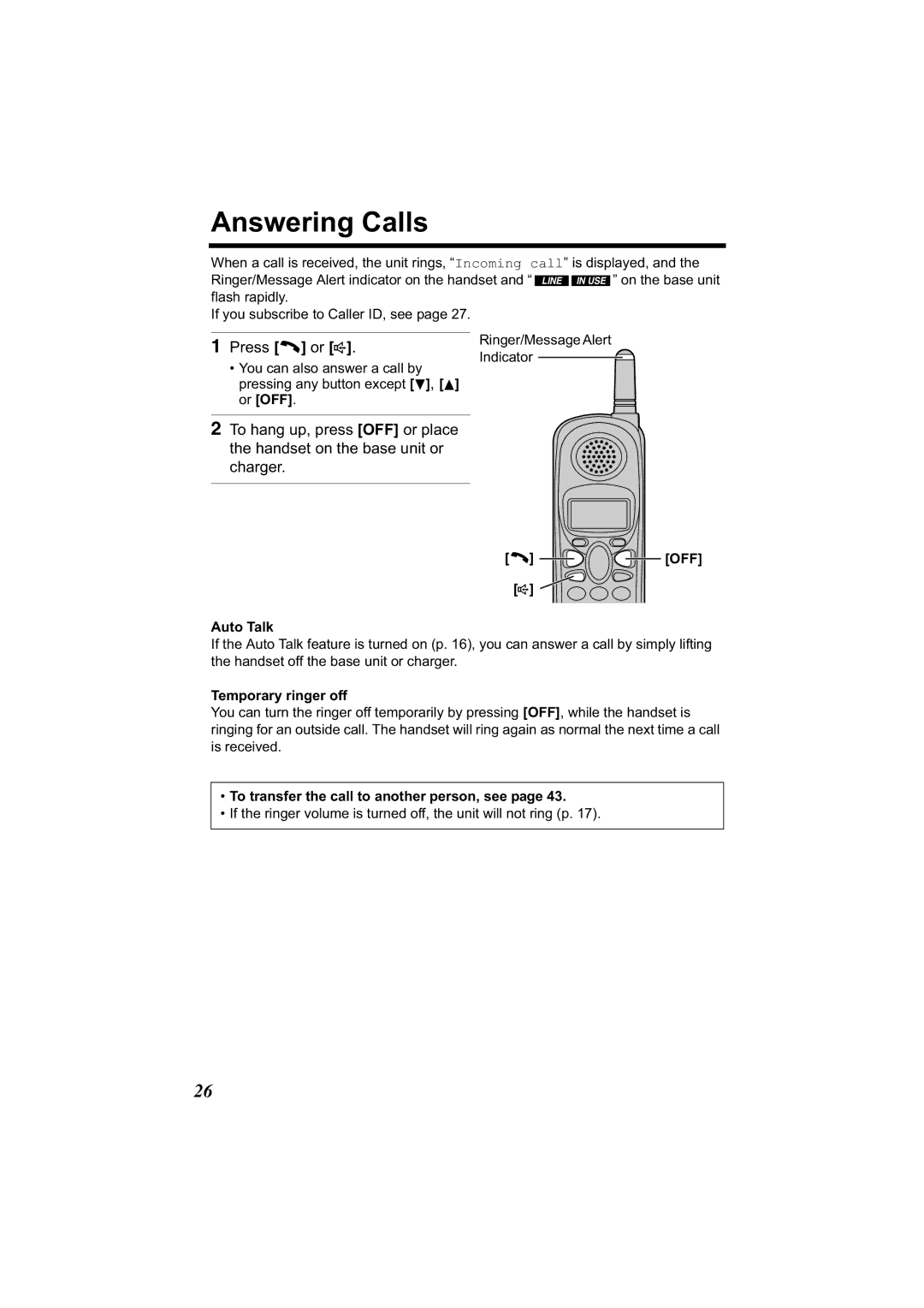 Panasonic KX-TG2344 manual Answering Calls, OFF s Auto Talk, To transfer the call to another person, see 