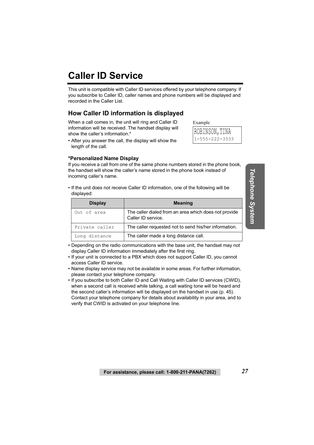 Panasonic KX-TG2344 Caller ID Service, How Caller ID information is displayed, Personalized Name Display, Display Meaning 