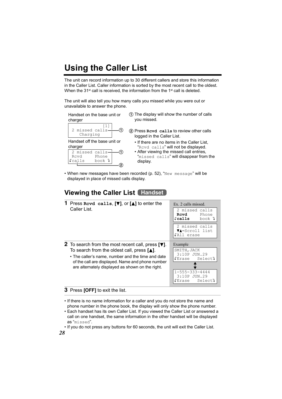 Panasonic KX-TG2344 manual Using the Caller List, Viewing the Caller List Handset, Press OFF to exit the list 