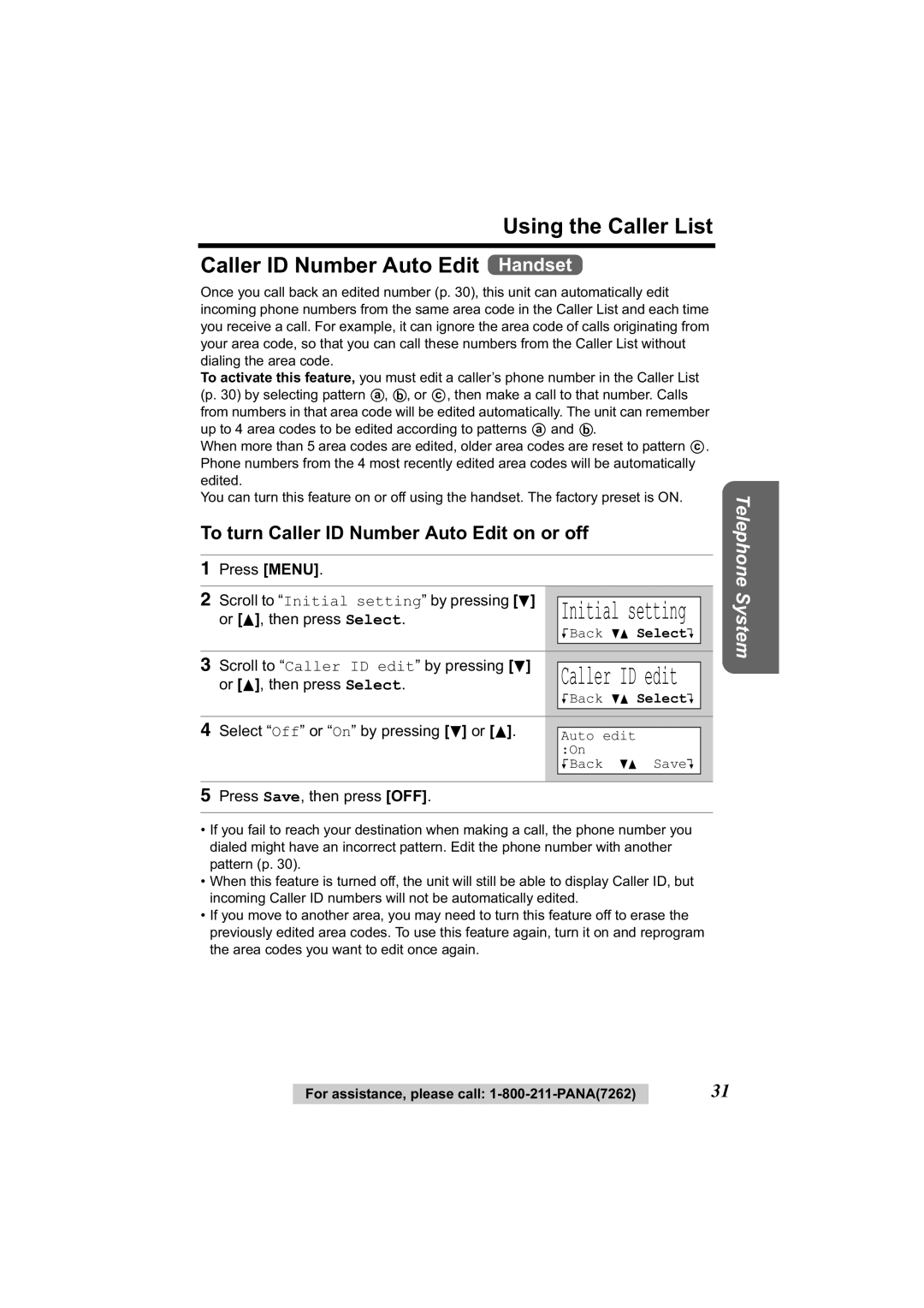 Panasonic KX-TG2344 Using the Caller List Caller ID Number Auto Edit Handset, To turn Caller ID Number Auto Edit on or off 