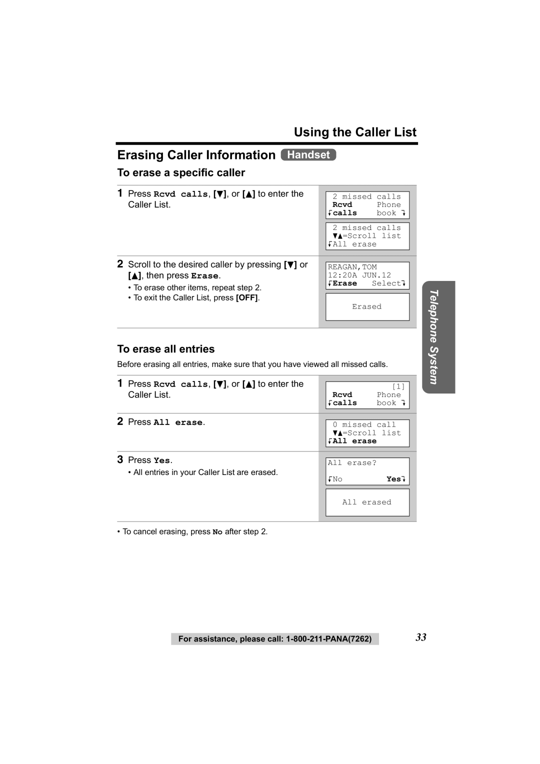 Panasonic KX-TG2344 manual Using the Caller List Erasing Caller Information Handset, To erase a specific caller 