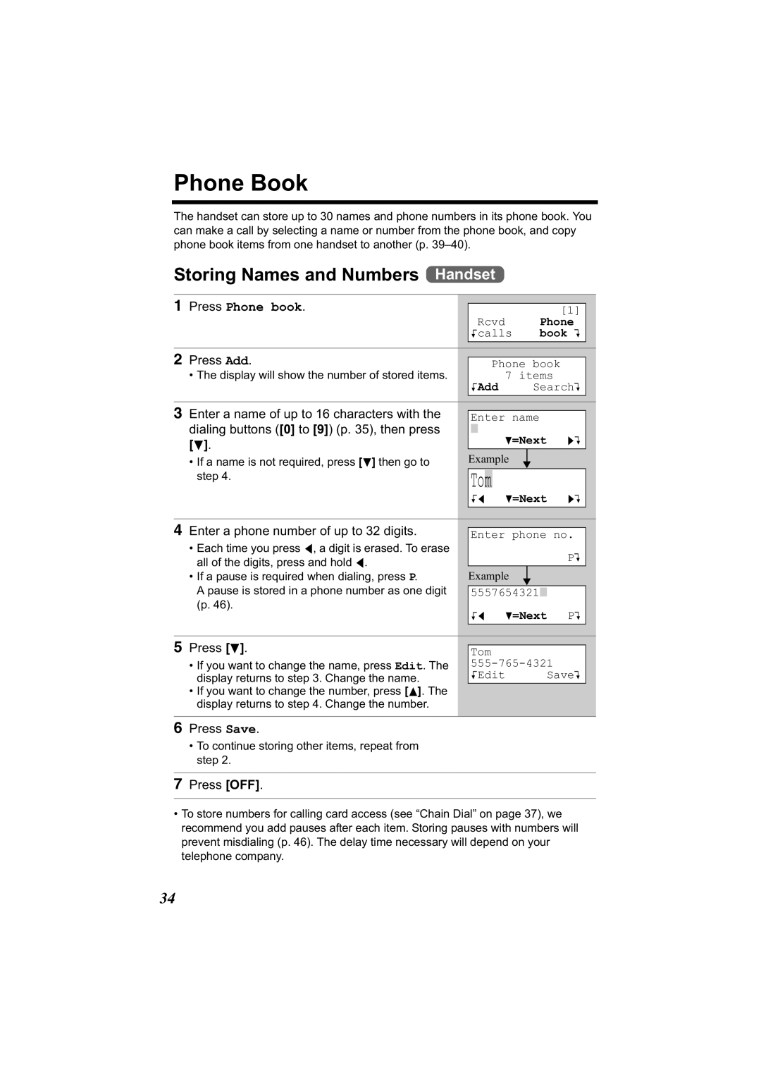 Panasonic KX-TG2344 manual Phone Book, Storing Names and Numbers Handset 