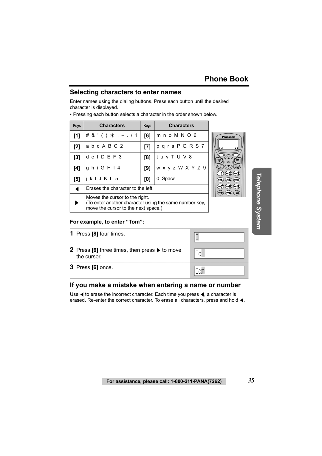 Panasonic KX-TG2344 Phone Book, Selecting characters to enter names, If you make a mistake when entering a name or number 