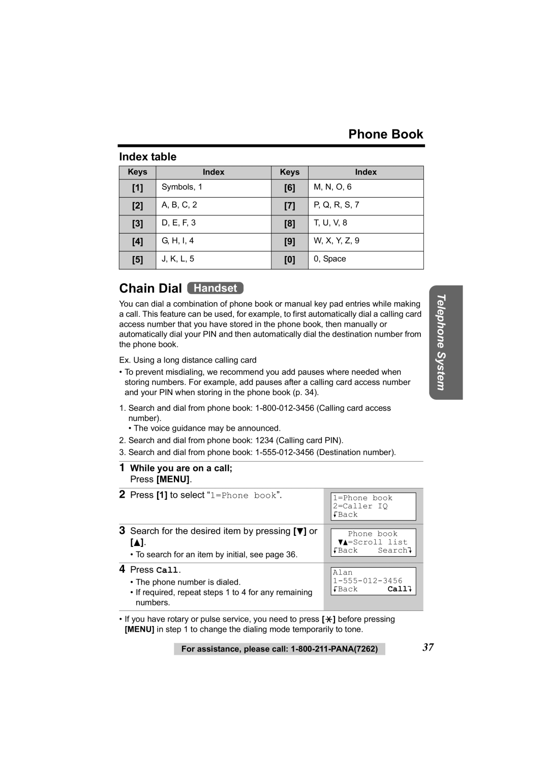 Panasonic KX-TG2344 manual Chain Dial Handset, Index table, While you are on a call Press Menu 