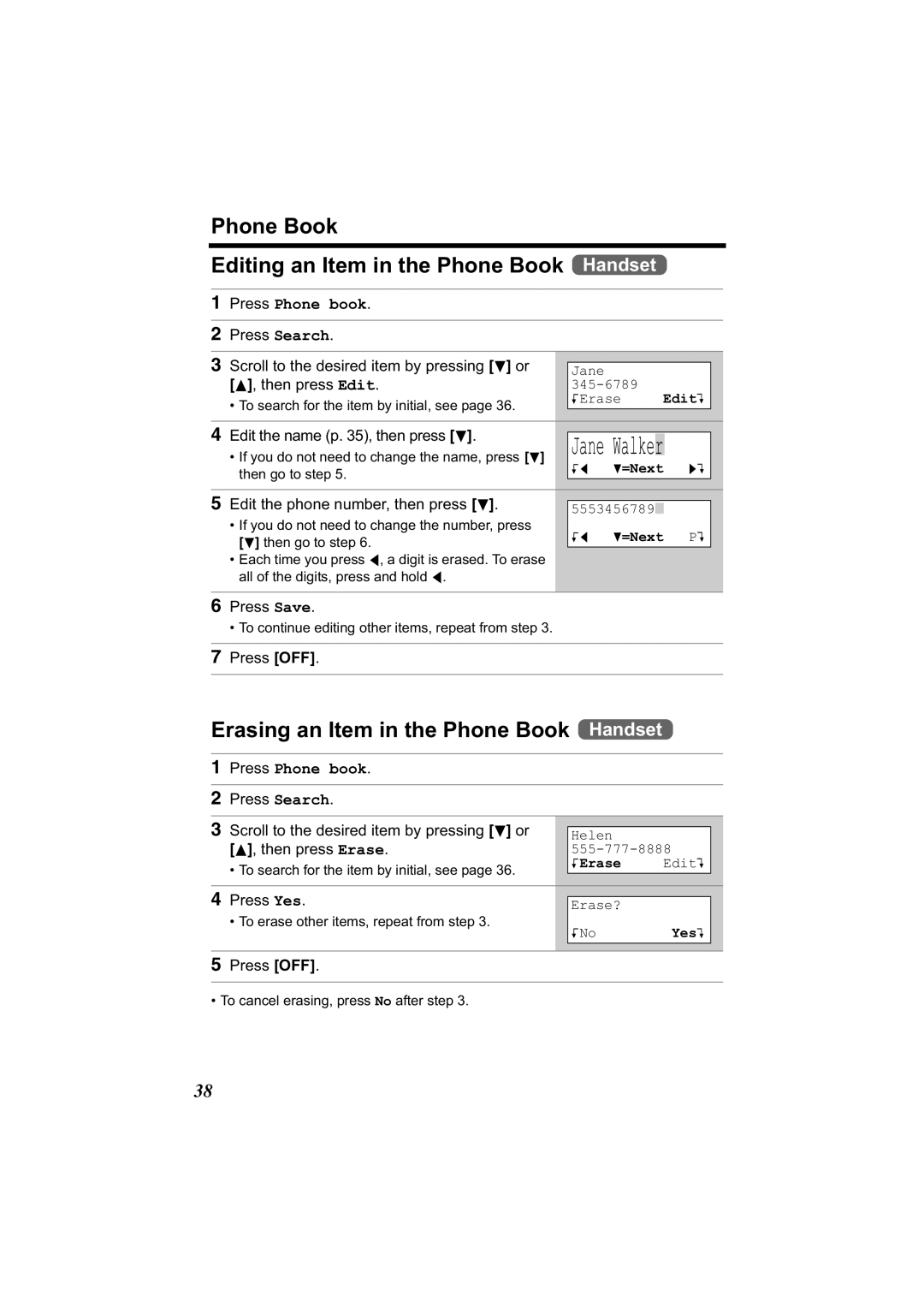 Panasonic KX-TG2344 manual Phone Book Editing an Item in the Phone Book Handset, Erasing an Item in the Phone Book Handset 