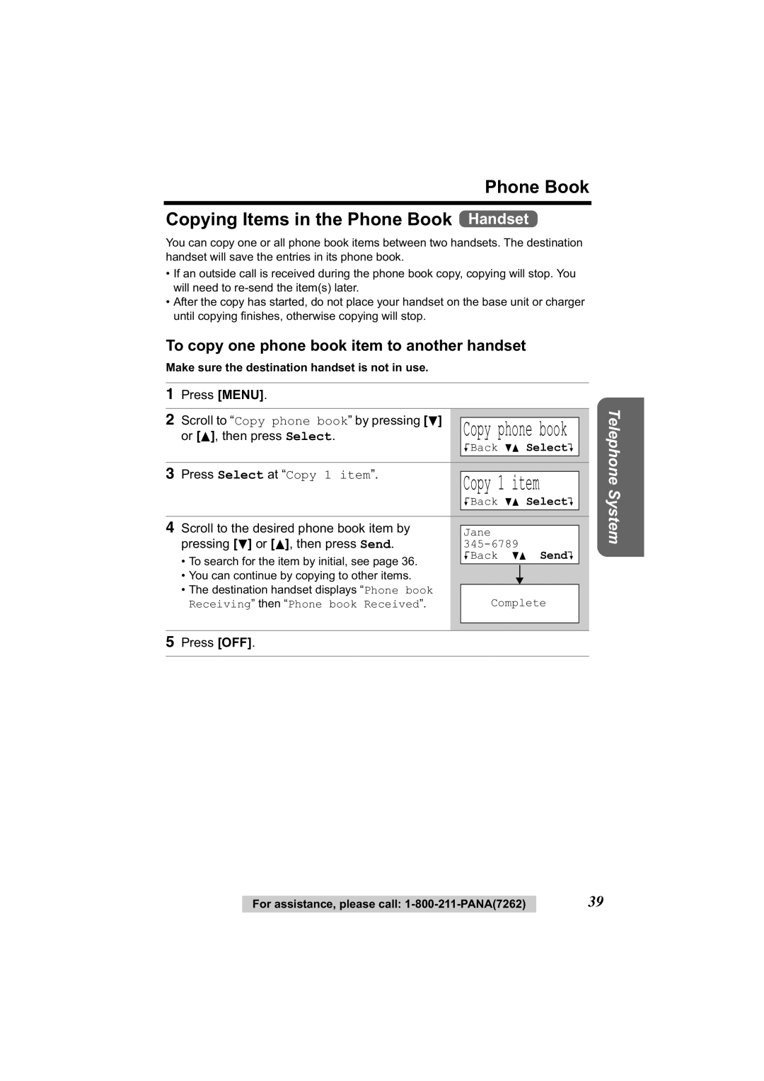 Panasonic KX-TG2344 Phone Book Copying Items in the Phone Book Handset, To copy one phone book item to another handset 