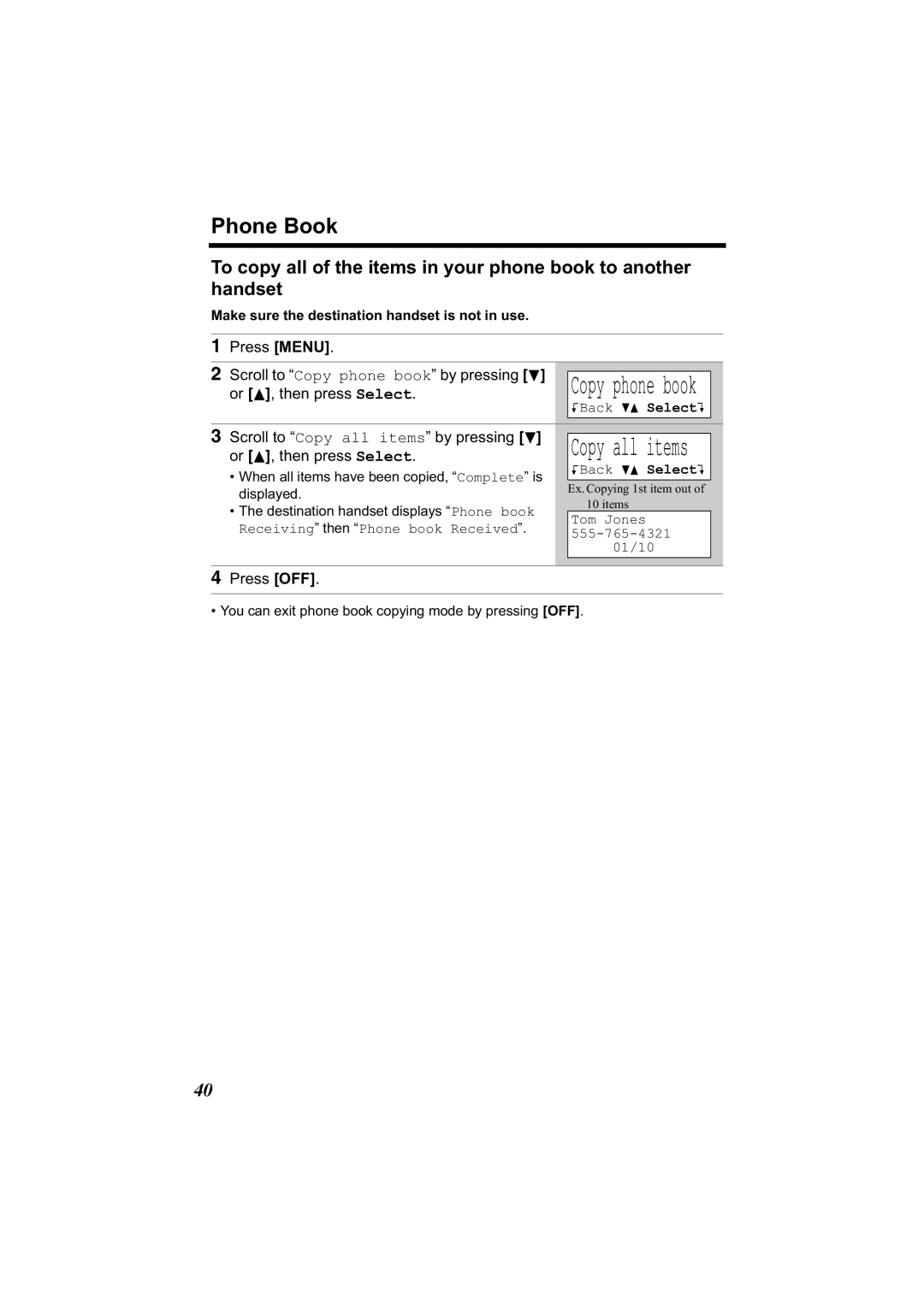 Panasonic KX-TG2344 manual Scroll to Copy all items by pressing d, Tom Jones Receiving then Phone book Received 01/10 