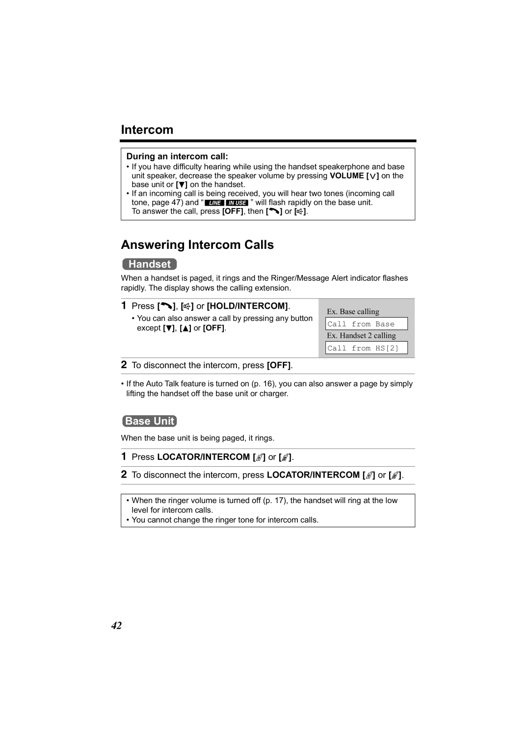 Panasonic KX-TG2344 manual Answering Intercom Calls, During an intercom call, Press C, s or HOLD/INTERCOM 