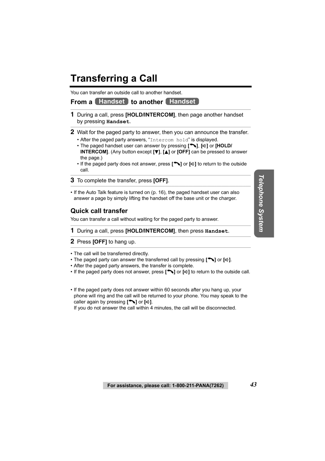 Panasonic KX-TG2344 manual Transferring a Call, From a Handset to another Handset, Quick call transfer 