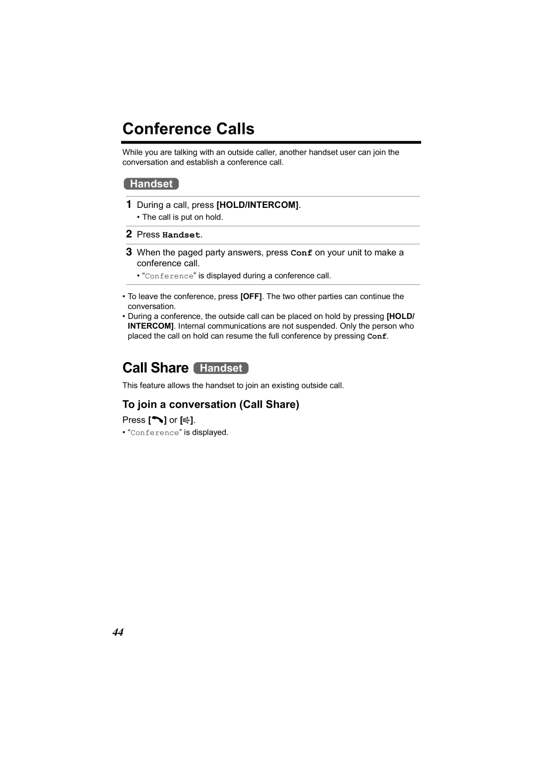 Panasonic KX-TG2344 manual Conference Calls, To join a conversation Call Share, During a call, press HOLD/INTERCOM 
