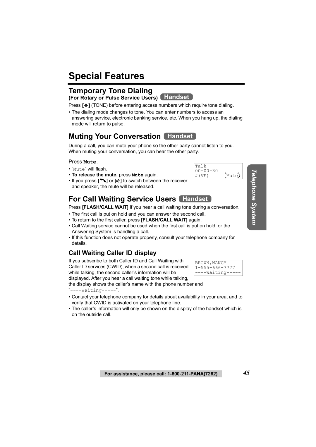 Panasonic KX-TG2344 manual Special Features, Temporary Tone Dialing, Muting Your Conversation Handset 