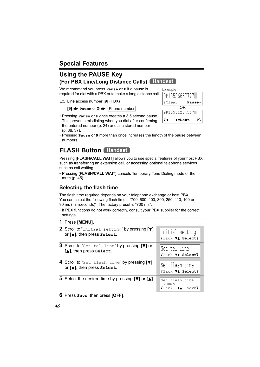 Panasonic KX-TG2344 Special Features Using the Pause Key, Flash Button Handset, For PBX Line/Long Distance Calls Handset 