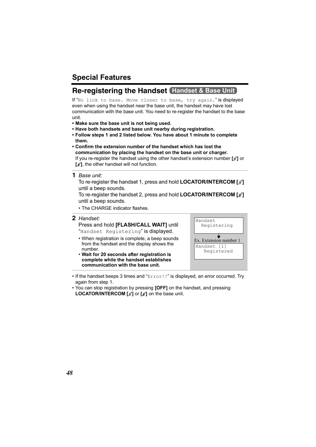 Panasonic KX-TG2344 manual Base unit, Handset 1 Registered 