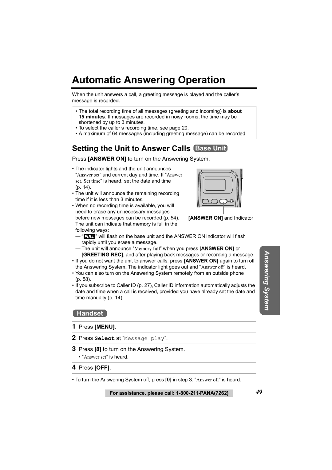 Panasonic KX-TG2344 manual Automatic Answering Operation, Setting the Unit to Answer Calls Base Unit 