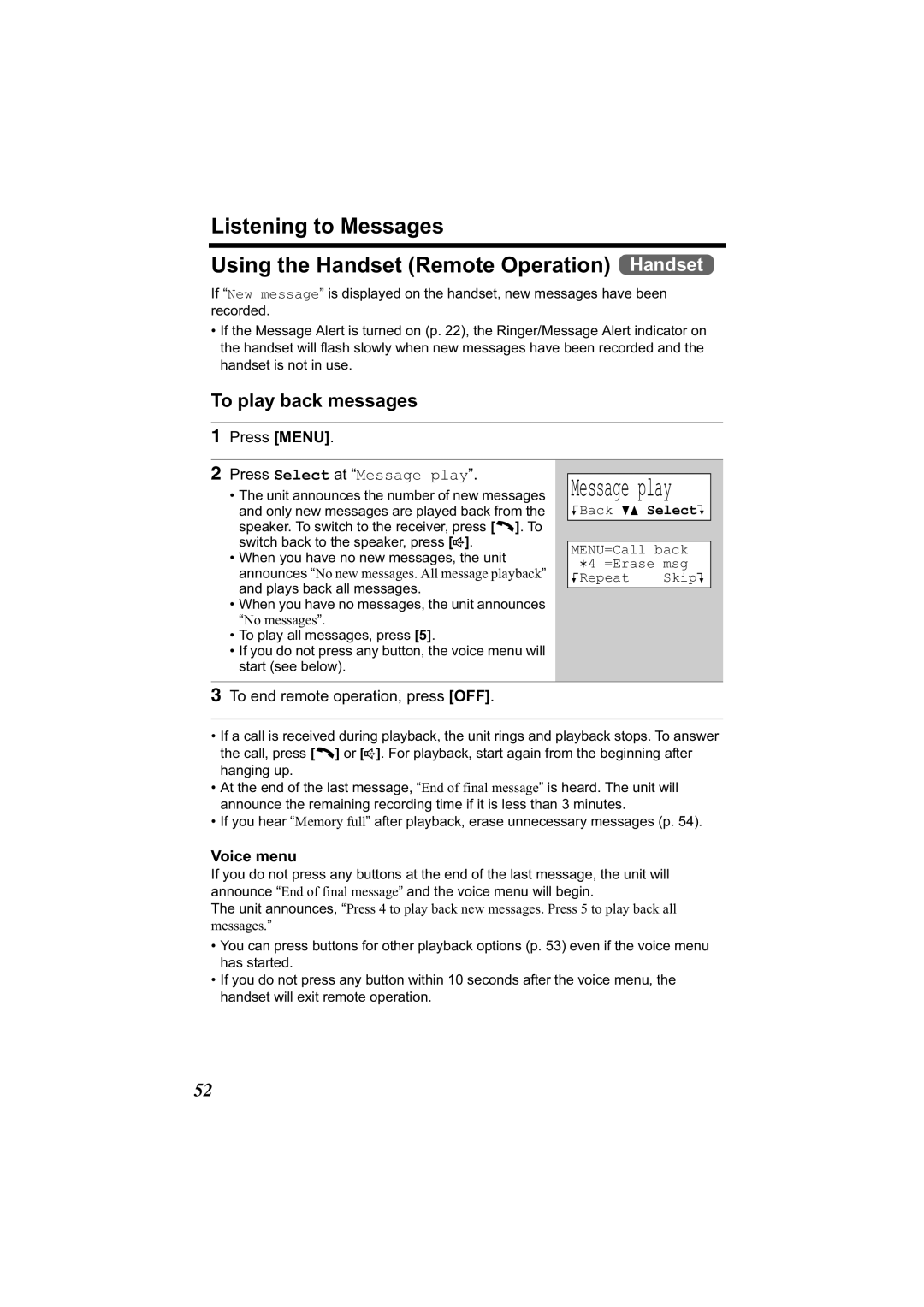 Panasonic KX-TG2344 manual Press Menu Press Select at Message play, To end remote operation, press OFF, Voice menu 