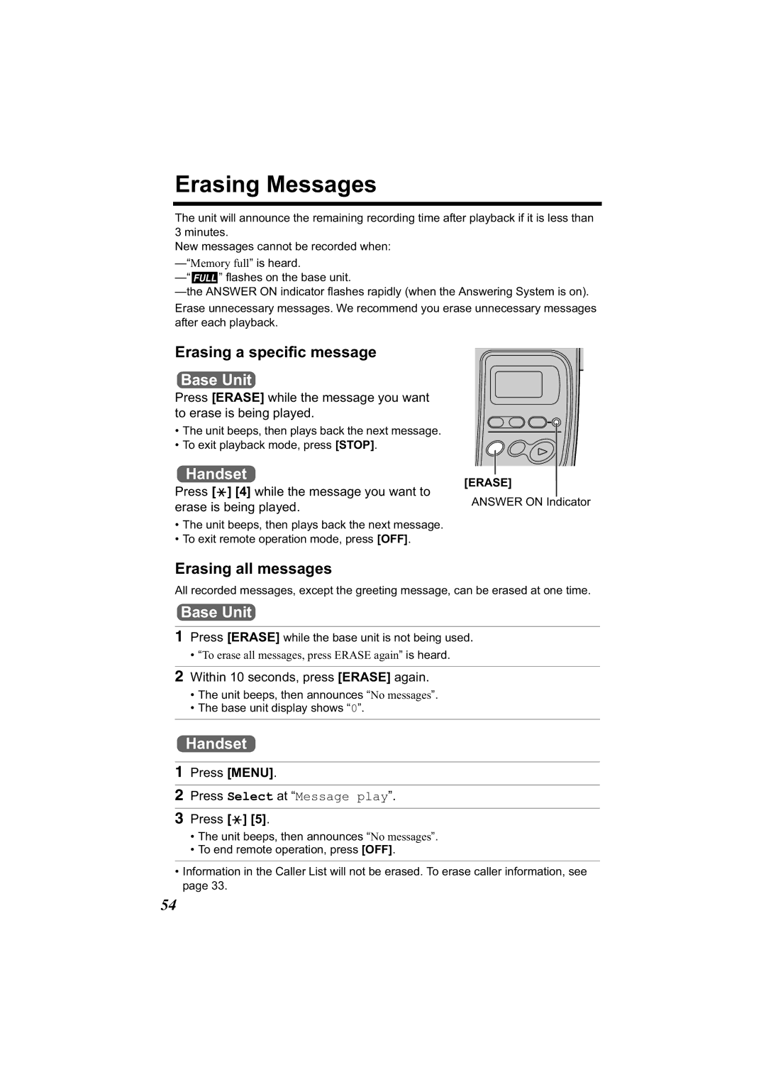 Panasonic KX-TG2344 manual Erasing Messages, Erasing a specific message, Erasing all messages 