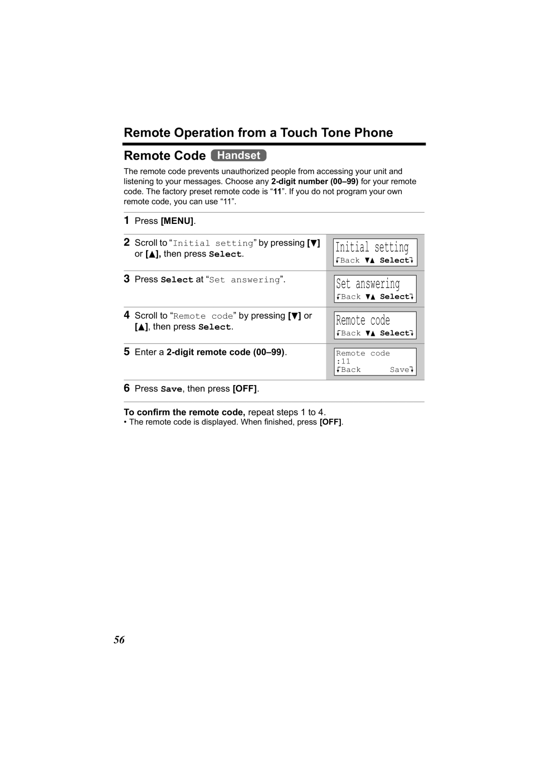 Panasonic KX-TG2344 manual Scroll to Remote code by pressing d or, Enter a 2-digit remote code, Remote code KBack SaveL 