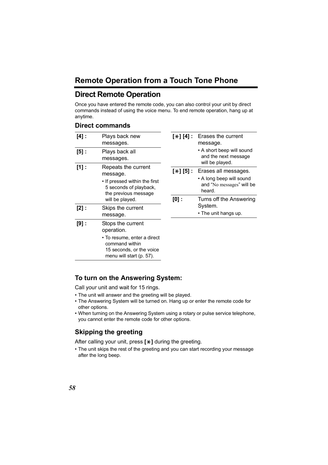 Panasonic KX-TG2344 manual Direct commands, To turn on the Answering System, Skipping the greeting 