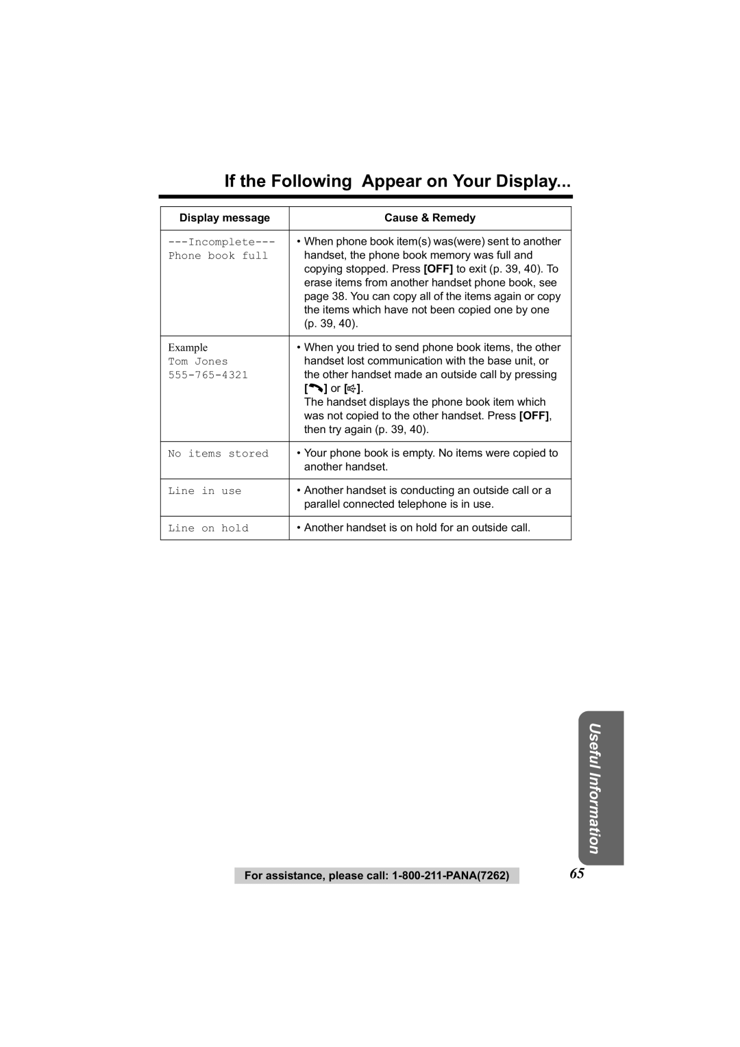 Panasonic KX-TG2344 manual If the Following Appear on Your Display 