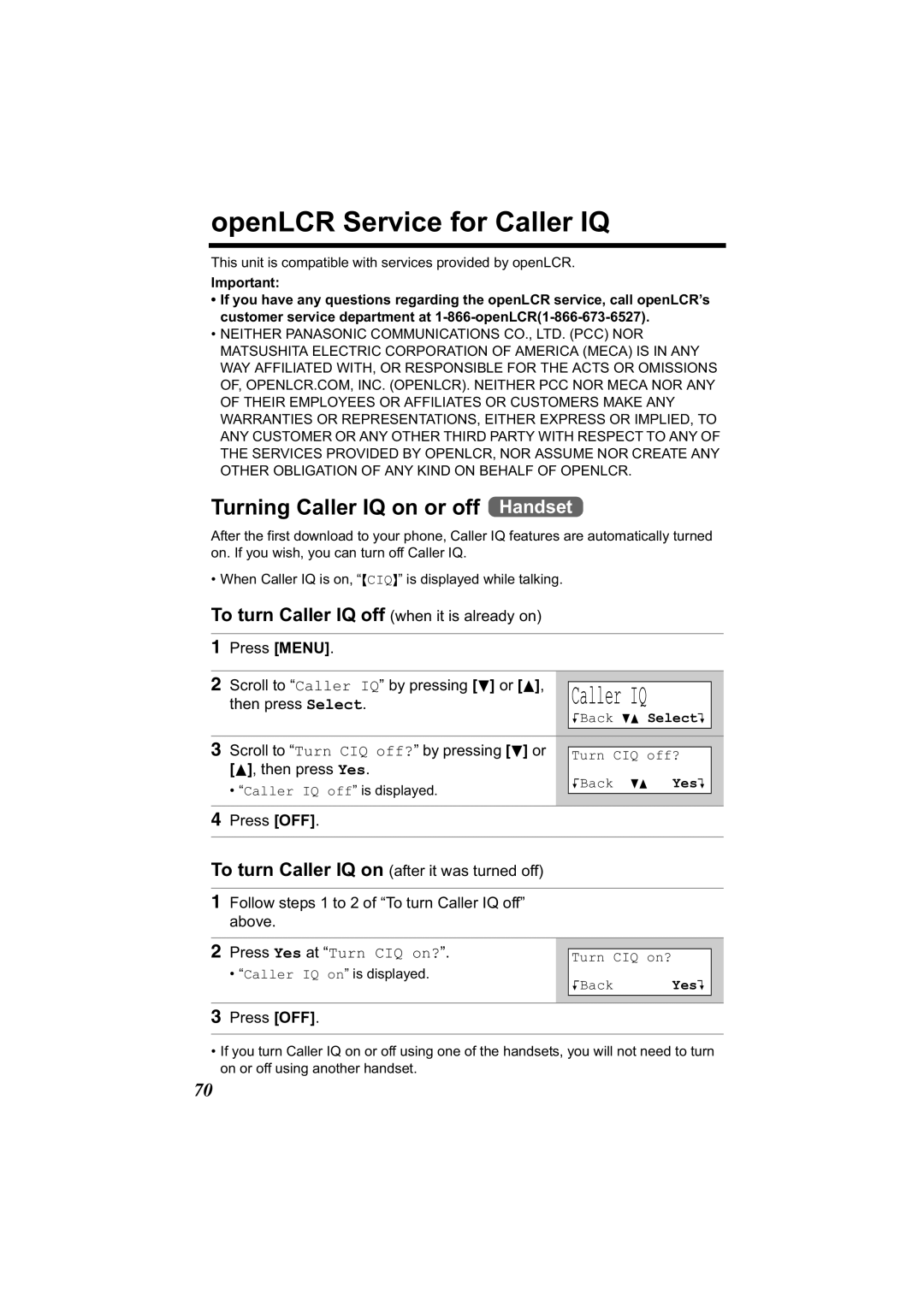 Panasonic KX-TG2344 manual OpenLCR Service for Caller IQ, Turning Caller IQ on or off Handset, Then press Yes 