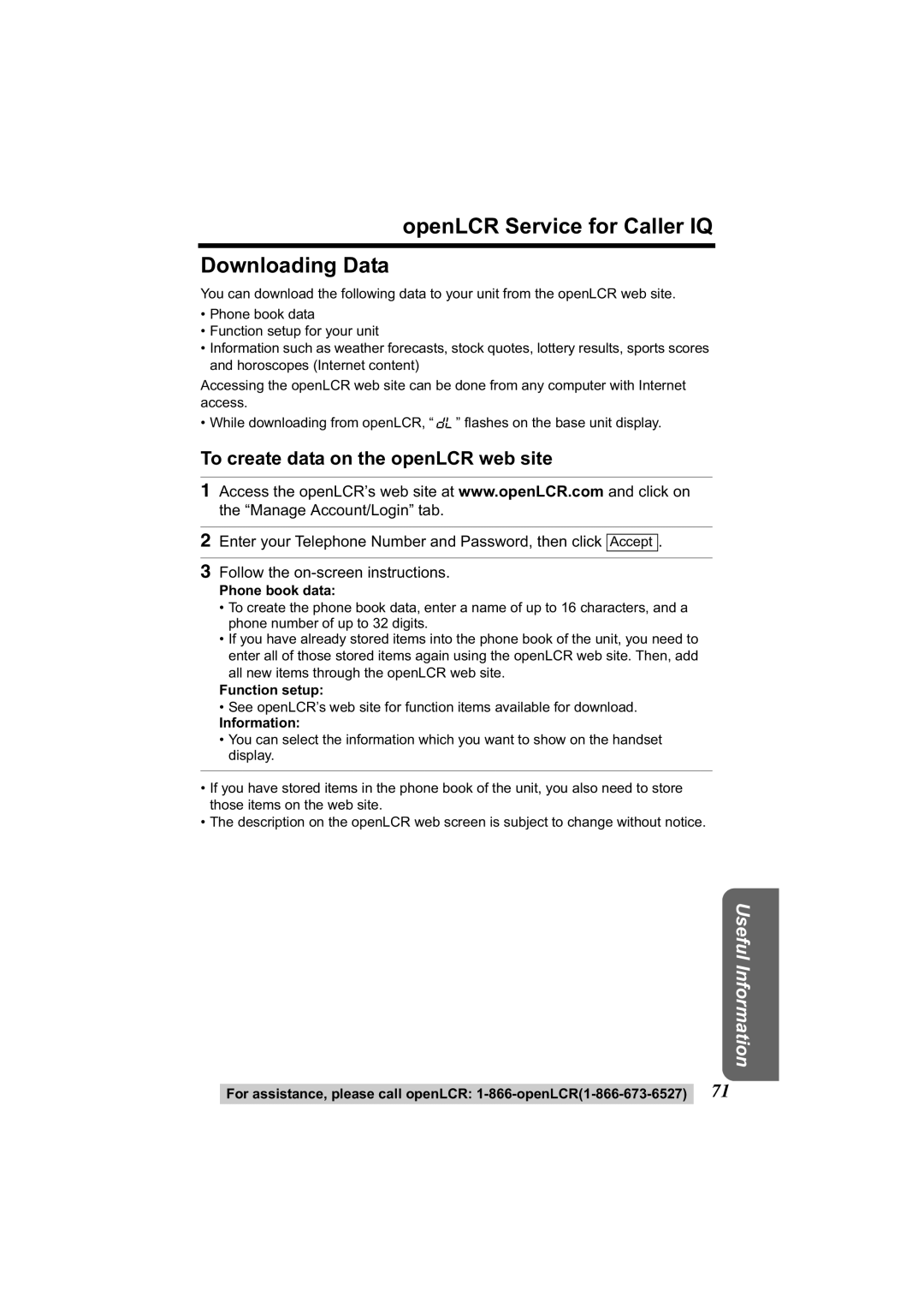 Panasonic KX-TG2344 OpenLCR Service for Caller IQ Downloading Data, To create data on the openLCR web site, Function setup 