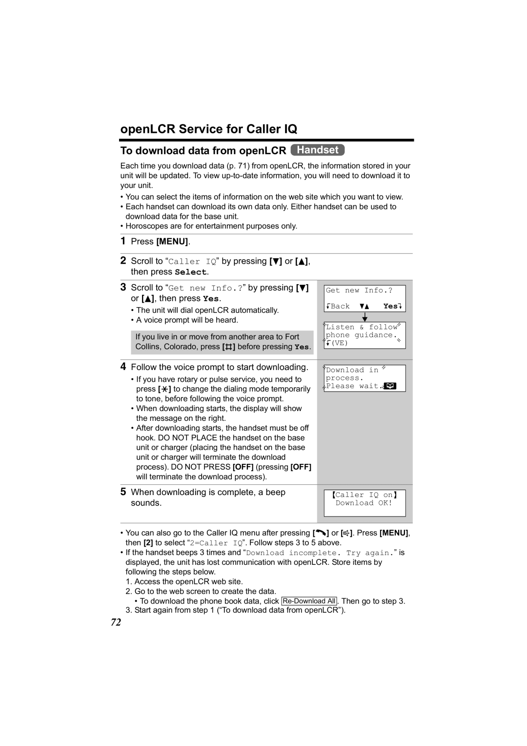 Panasonic KX-TG2344 manual OpenLCR Service for Caller IQ, To download data from openLCR Handset, Or B, then press Yes 