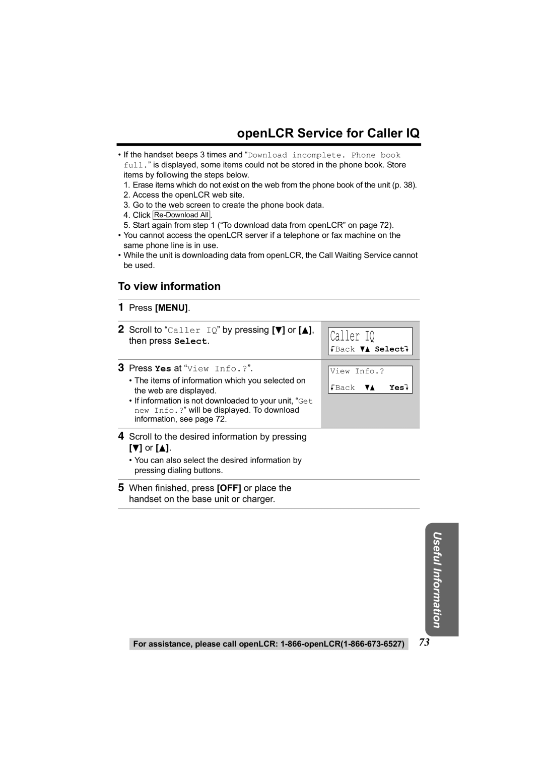 Panasonic KX-TG2344 manual To view information, Press Menu Scroll to Caller IQ by pressing d or B, Press Yes at View Info.? 