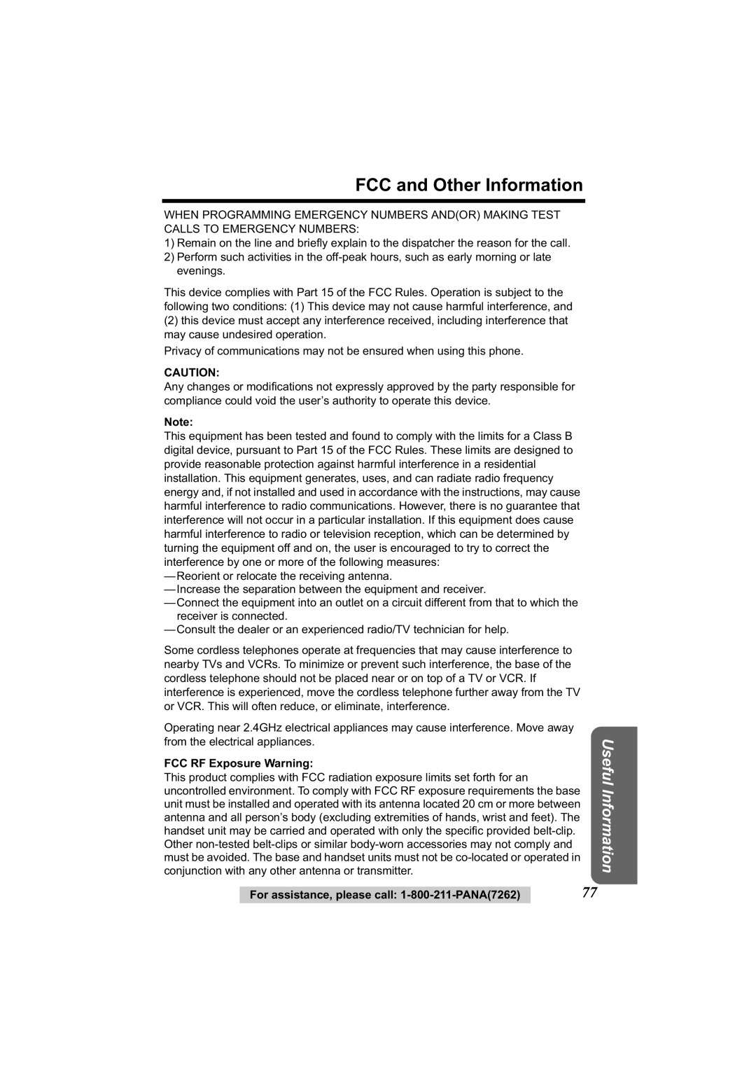 Panasonic KX-TG2344 manual FCC and Other Information, FCC RF Exposure Warning 