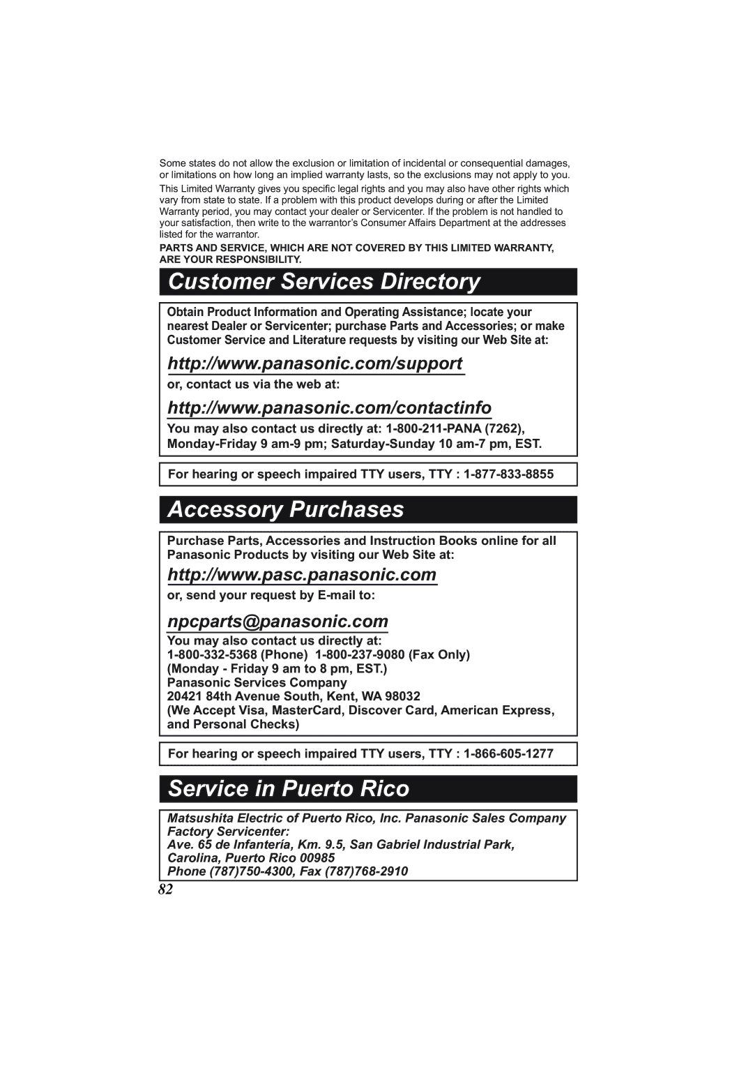 Panasonic KX-TG2344 manual Customer Services Directory 