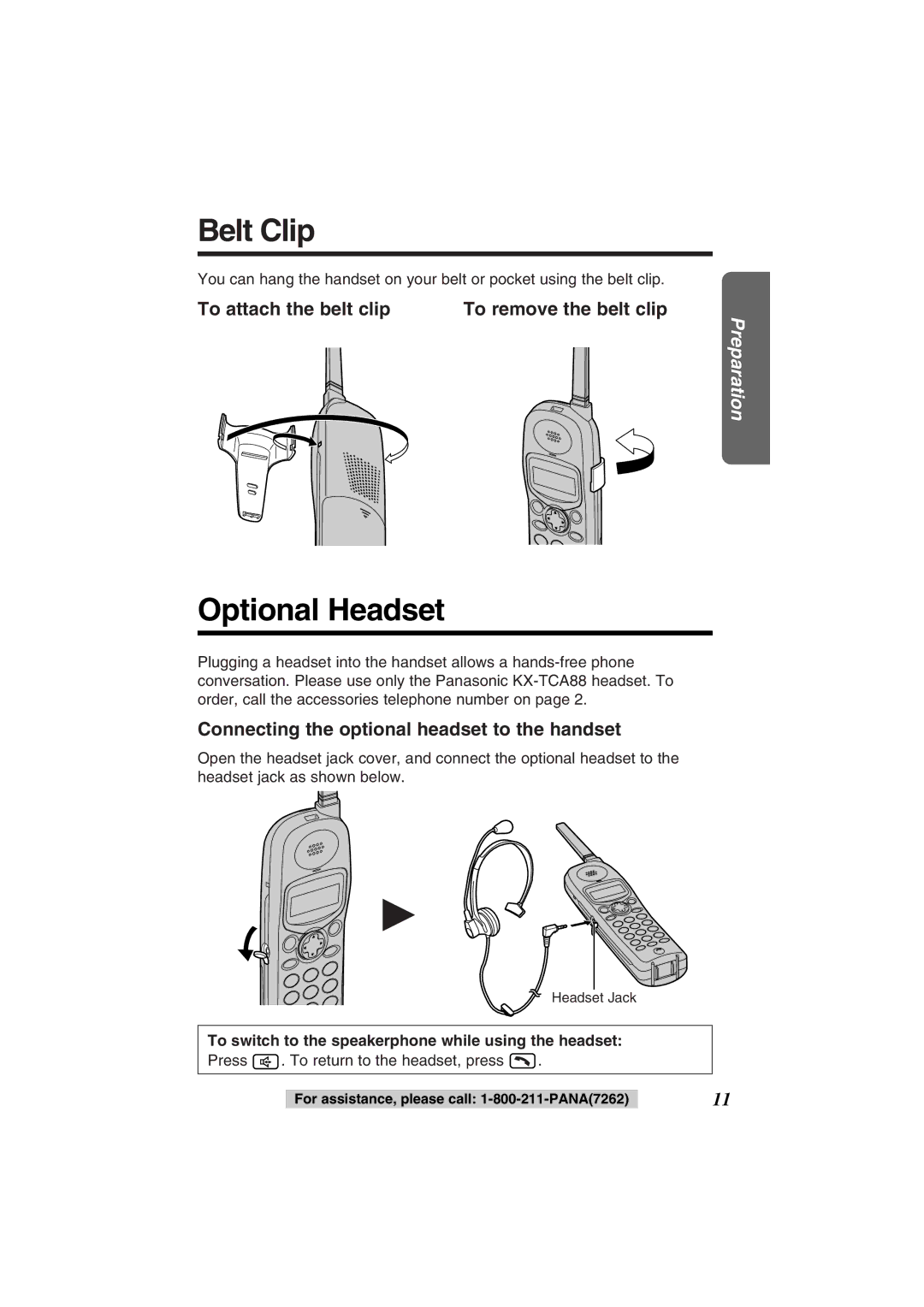 Panasonic KX-TG2352PW, KX-TG2352W operating instructions Belt Clip, Optional Headset 