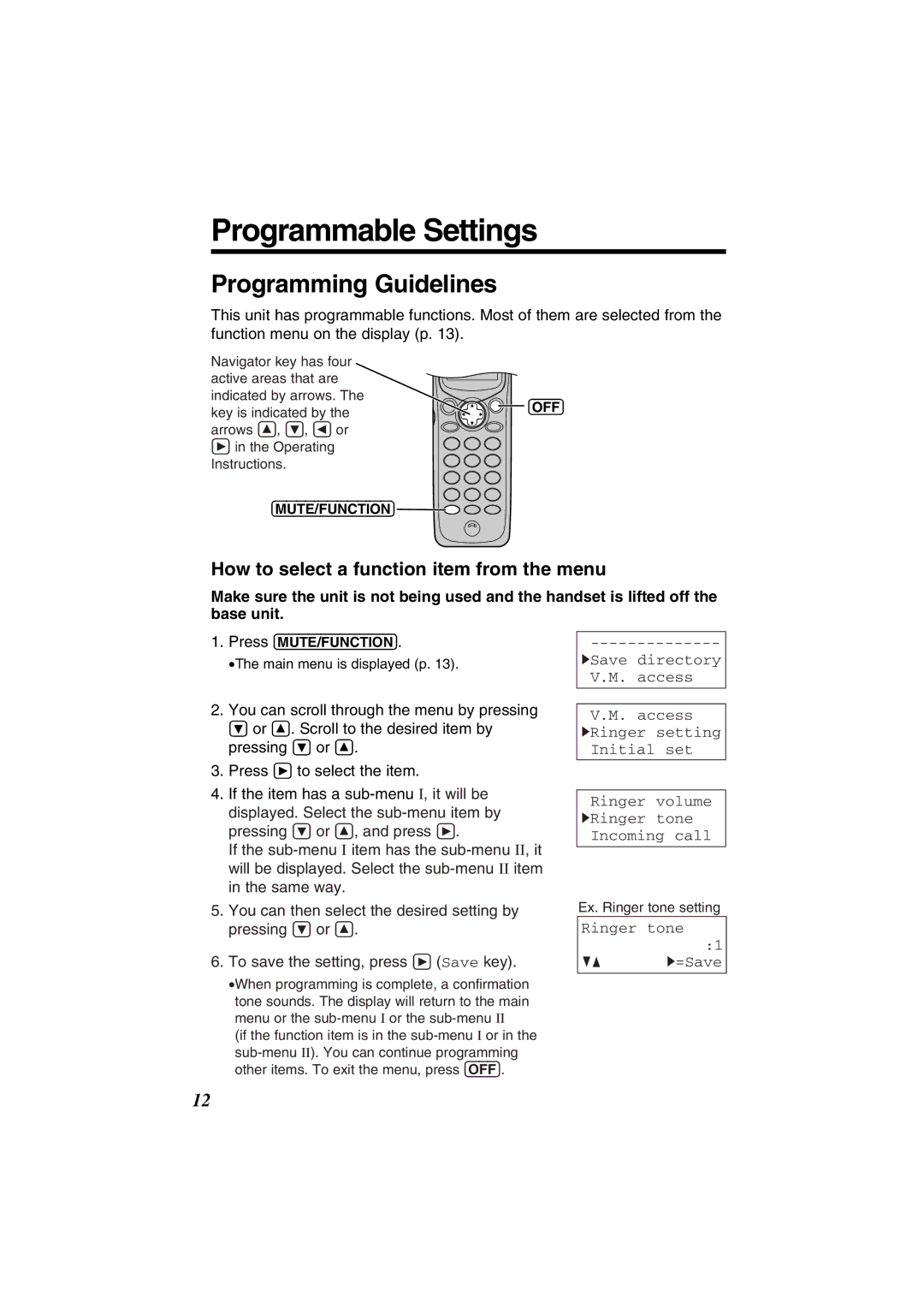 Panasonic KX-TG2352W Programmable Settings, Programming Guidelines, How to select a function item from the menu 