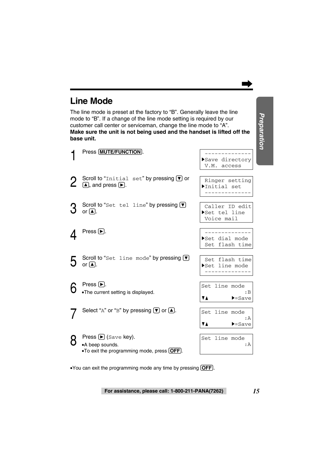 Panasonic KX-TG2352PW, KX-TG2352W Line Mode, Select a or B by pressing Ö or Ñ Press á Save key, GF H=Save 