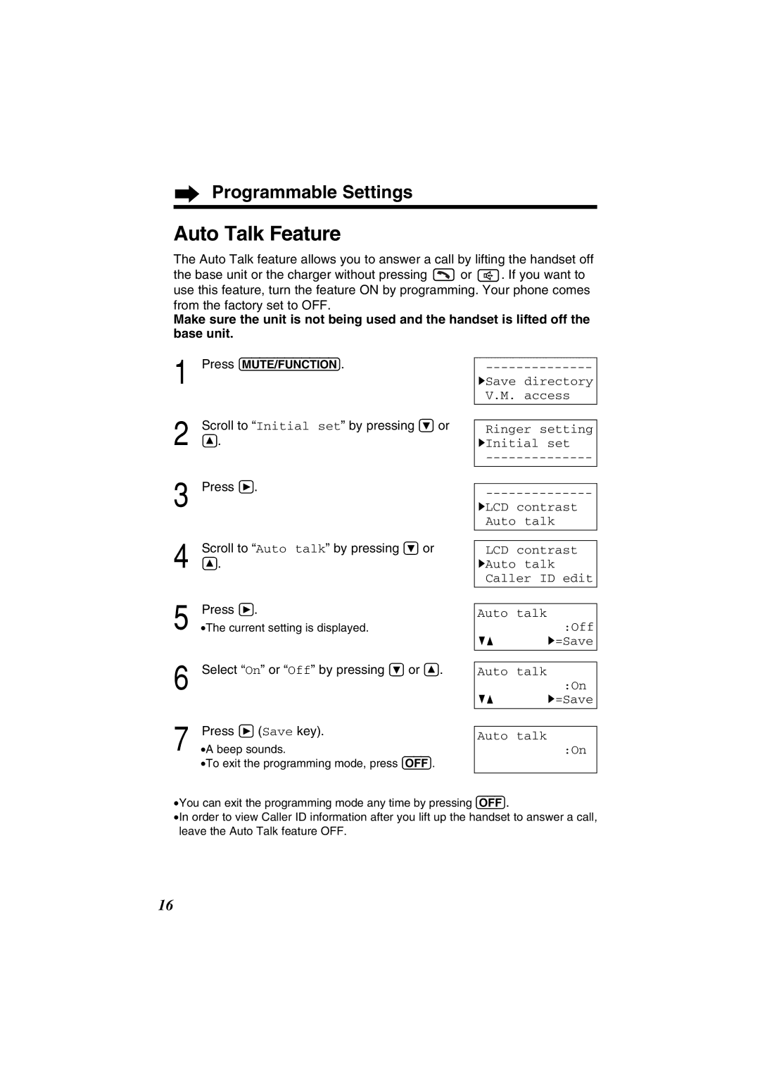 Panasonic KX-TG2352W, KX-TG2352PW Auto Talk Feature, Select On or Off by pressing Ö or Ñ Press á Save key 