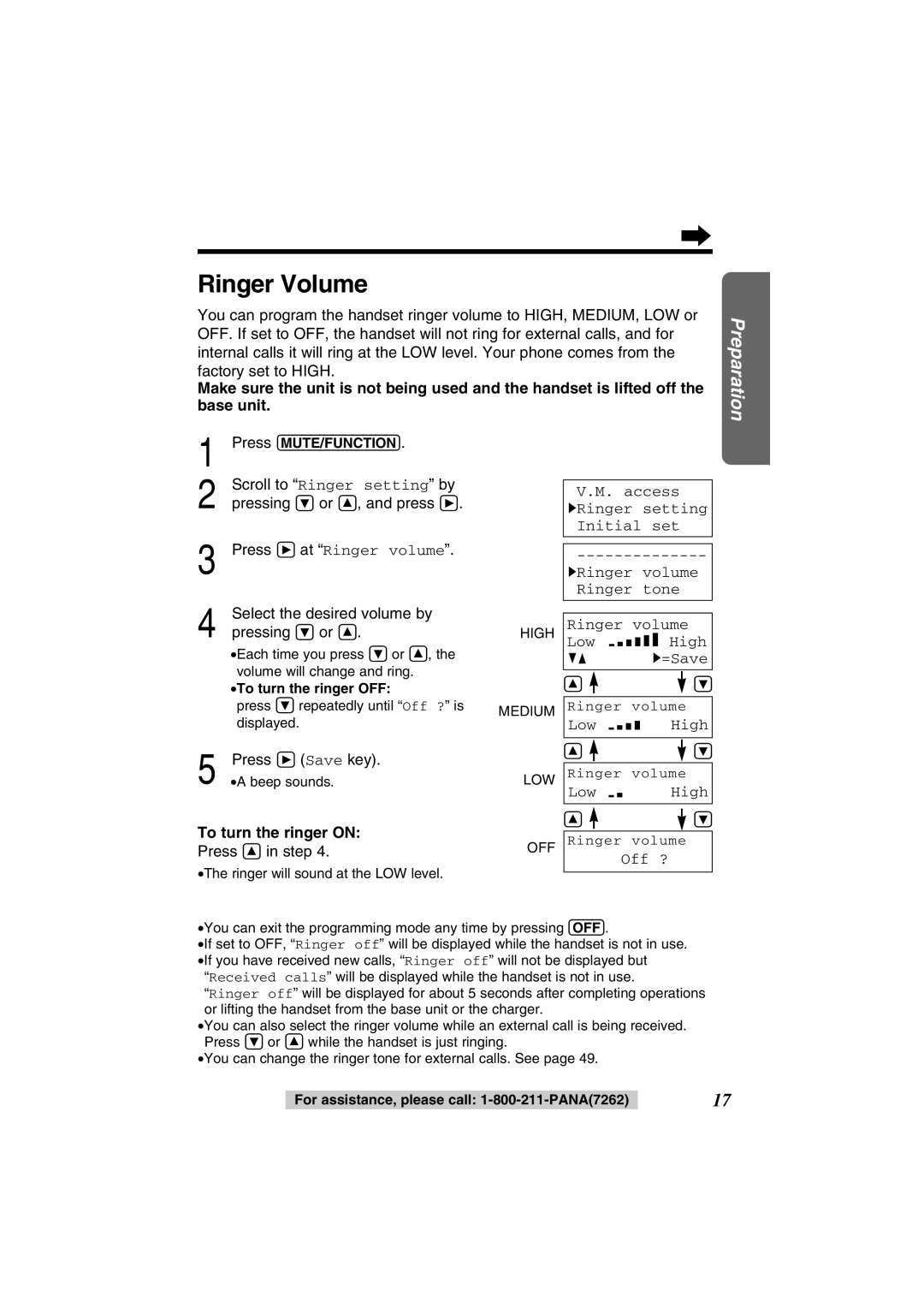 Panasonic KX-TG2352PW Ringer Volume, Scroll to Ringer setting by pressing Ö or Ñ, and press á, To turn the ringer on 