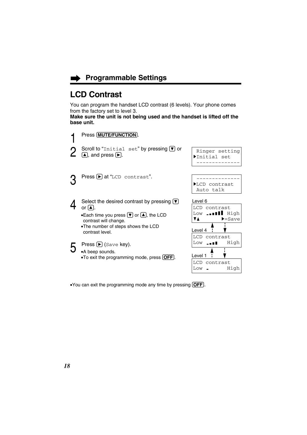 Panasonic KX-TG2352W LCD Contrast, Ringer setting HInitial set Hlcd contrast Auto talk, LCD contrast Low High =Save 