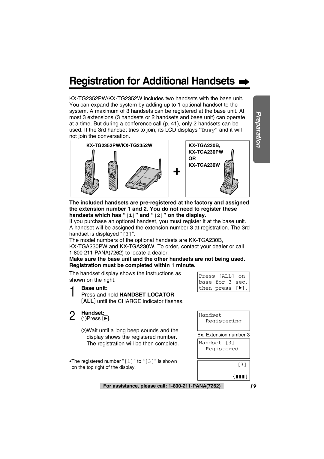 Panasonic KX-TG2352PW Base unit, Press ALL on base for 3 sec, then press H, Handset Registering, Handset 3 Registered 