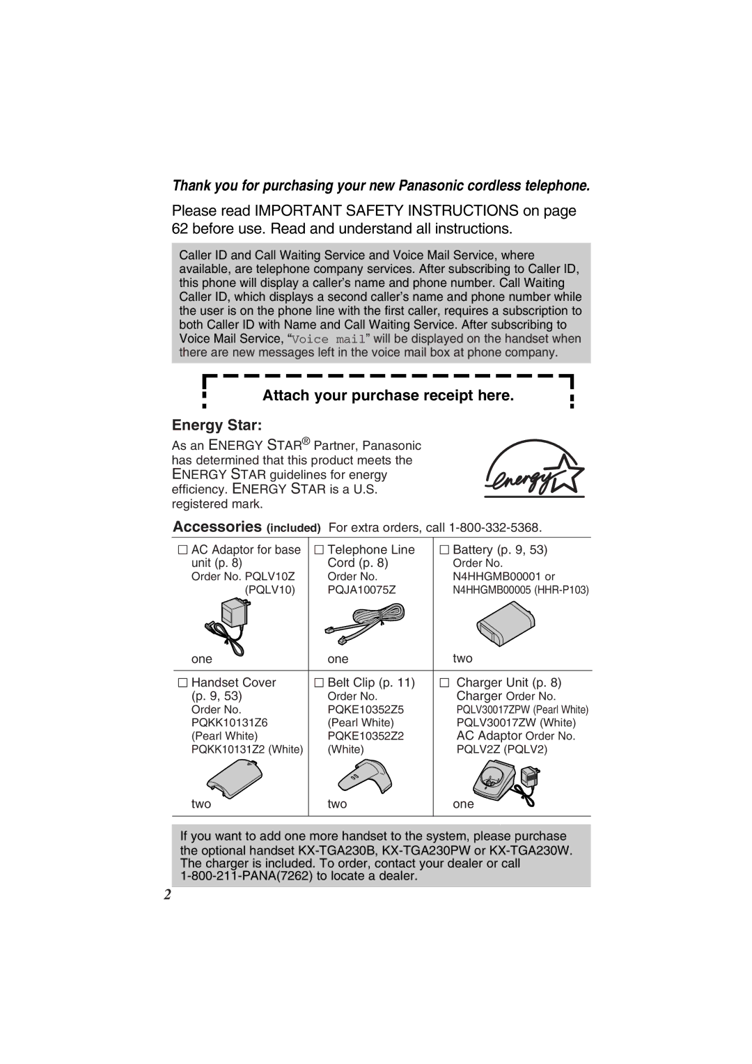 Panasonic KX-TG2352W, KX-TG2352PW operating instructions Attach your purchase receipt here, Energy Star 