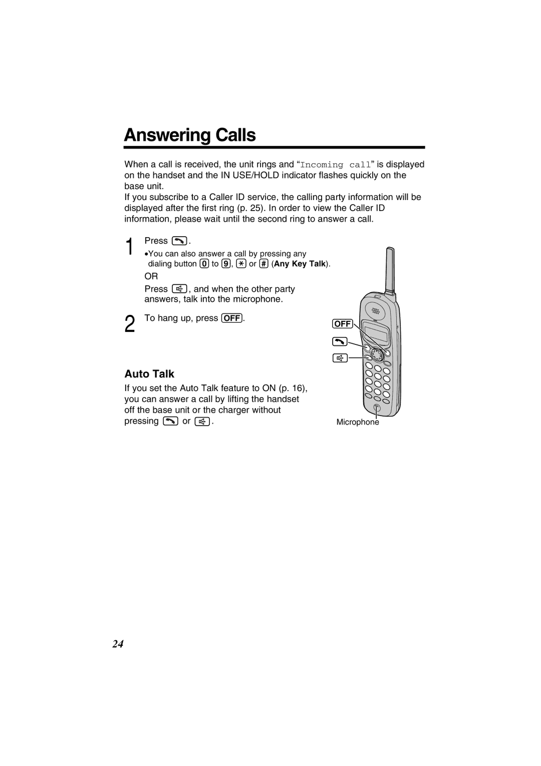 Panasonic KX-TG2352W, KX-TG2352PW operating instructions Answering Calls, Auto Talk 