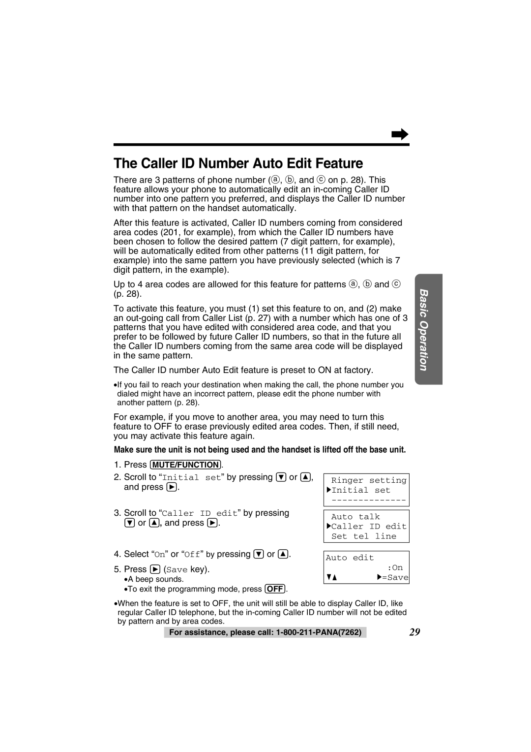 Panasonic KX-TG2352PW Caller ID Number Auto Edit Feature, Scroll to Initial set by pressing Ö or Ñ, Ringer setting 