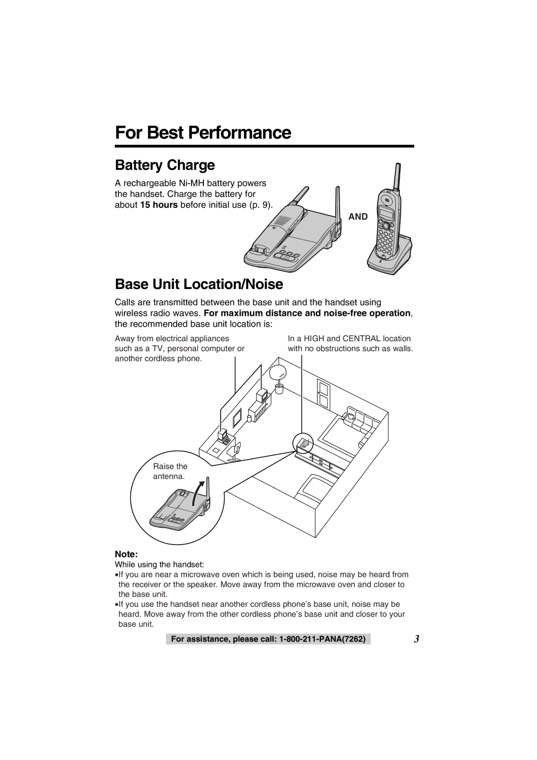 Panasonic KX-TG2352PW, KX-TG2352W operating instructions For Best Performance, Battery Charge, Base Unit Location/Noise 