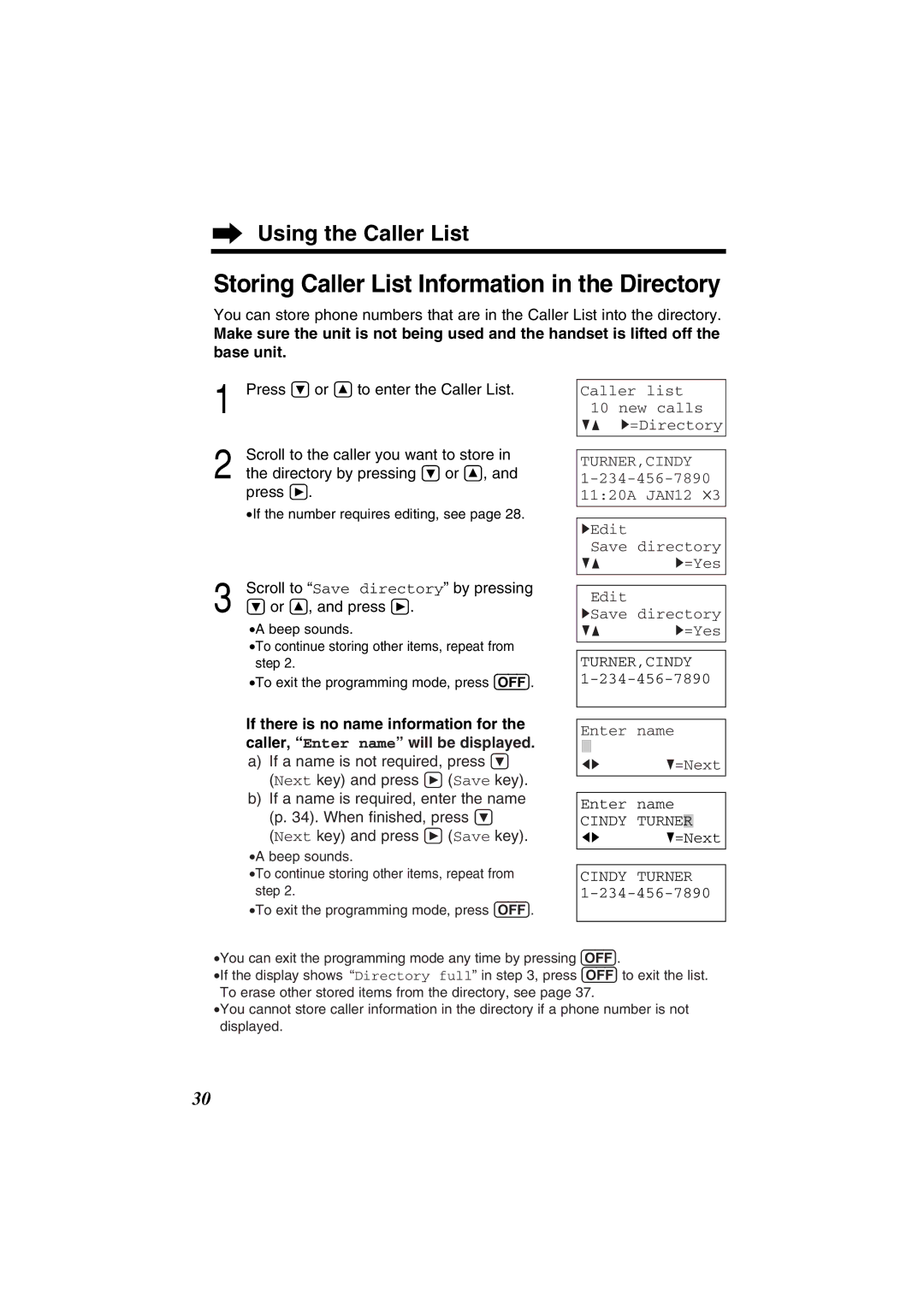 Panasonic KX-TG2352W, KX-TG2352PW Storing Caller List Information in the Directory, Enter name, IH G=Next 